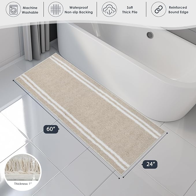 PURRUGS Bathroom Rug Non-Slip Machine Washable 24" x 60", Super Absorbent and Quick Dry Shaggy Microfiber Bath Mat, Extra Soft and Plush Bath Rug for Bathtub, Shower, and Sink, Beige