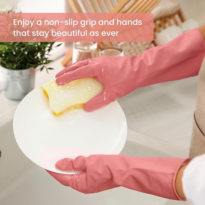 Rubber Cleaning Gloves for Dishwashing, 12 Pairs Reusable Kitchen Gloves for Washing Dishes and Household Cleaning, Colorful Gloves with Flocked Lining and Non-Slip Grip, Perfect for Women Men - M