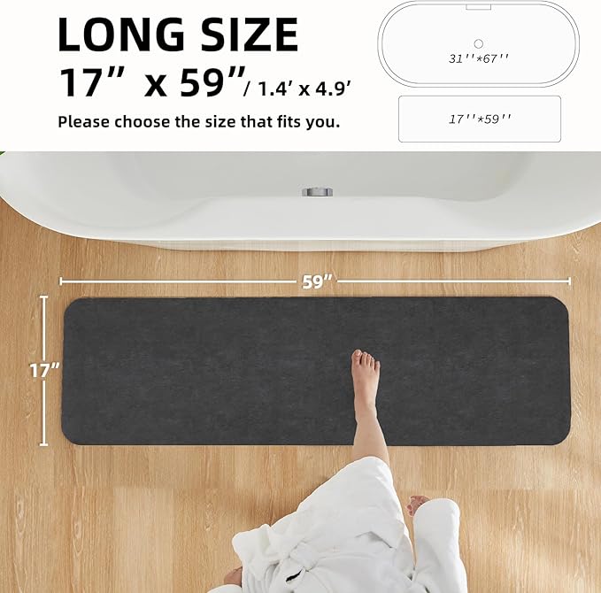 TYUU Bath Mat, Bathroom Rugs Non Slip Washable Thin Absorbent Quick Dry Bath Mat Fits Under Door Bathroom Floor Mat Perfect for Bath, Shower, or Sink 17"x59" Dark Grey