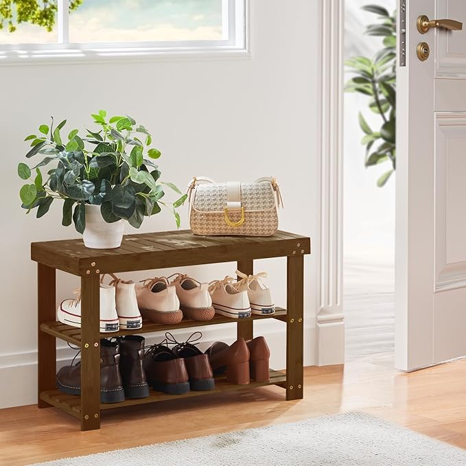 Pipishell Bamboo Shoe Rack Bench, 3 Tier Sturdy Shoe Bench, Storage Shoe Organizer, Holds up to 300lbs for Entryway Bedroom Living Room Balcony, Yellow Brown