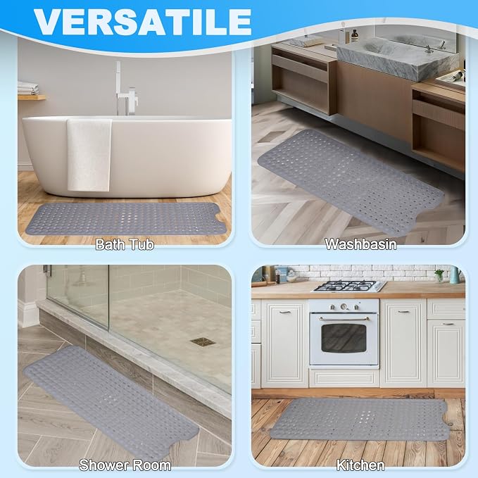 Bathtub and Shower Mats, 40x16 Inch Extra Large Non Slip Soft Bath Tub Mat with Suction Cups and Drain Holes for Bathroom Floor and Keep Tubs Clean, Machine Washable, Gray