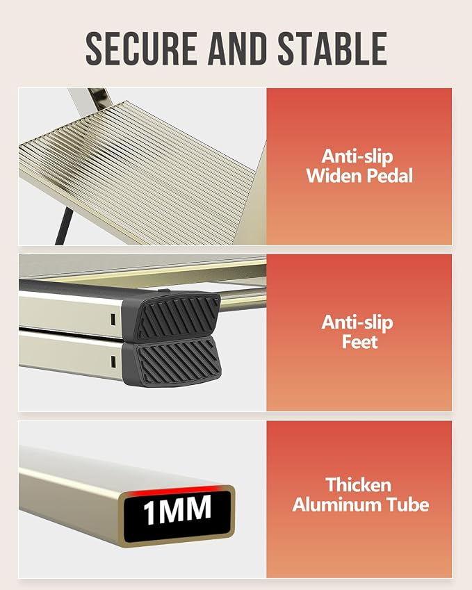 WOA WOA 3 Step Ladder, Foldable Step Stool, Aluminum Lightweight Ladder for Home Kitchen Closet, Anti-Slip Pedals, Ease of Folding, Portable, 300lbs Capacity - Gold