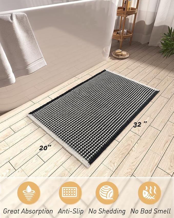 AMOAMI Upgraded Waffle Bath Mat, Super Absorbent Non Slip Bath Mats for Bathroom Floor, Machine Washable Bathroom Rugs with Tassels, Rubber Backed Bathroom Mats, Ultra Soft, 20" x 32",Black & Cream