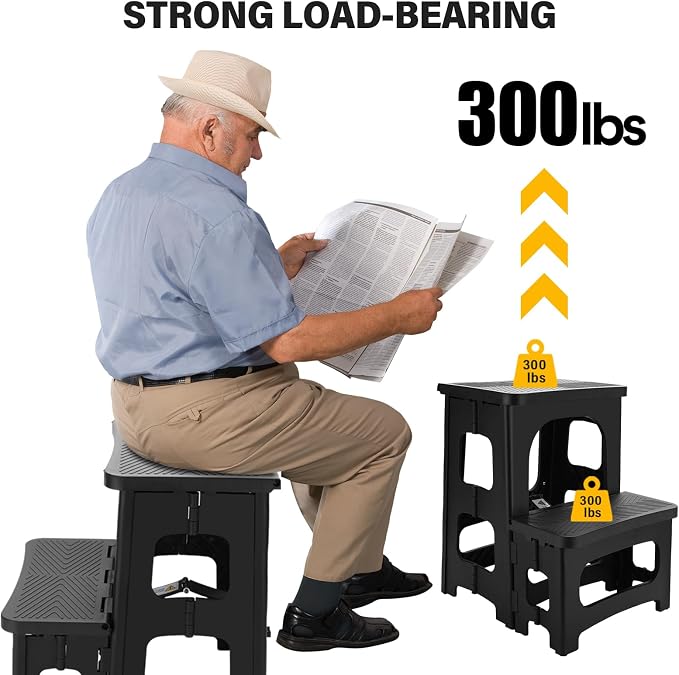 Folding 2-Step Stool for Adults, Non-Slip Collapsible Footstool for Office, Portable Bedside Step Stool, Hold up to 300 lbs, Lightweight & Foldable Step Ladder for Pool Office Home RV