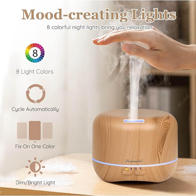 Homeweeks 300ml Essential Oil Diffuser, Quiet Aromatherapy Mist Diffusers for Essential Oils, Wood Grain, Ultrasonic, Remote Control, Timer, 7 Colors Light for Bedroom (300ml Yellow Wood Grain)