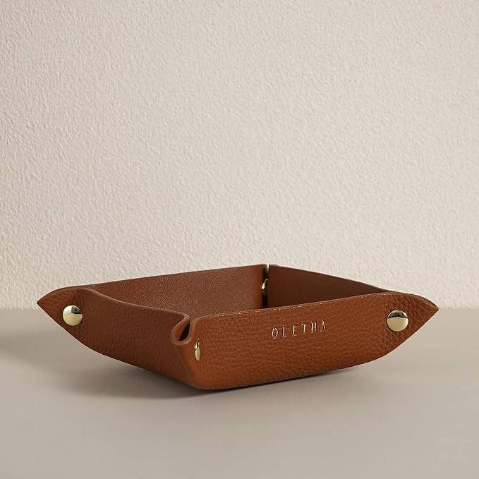 OLETHA Small Foldable Valet Tray - Aesthetic Desk Organizer for Home, Office & Travel - Portable Catch All Bowl for Keys, Jewelry & Essentials - Brown