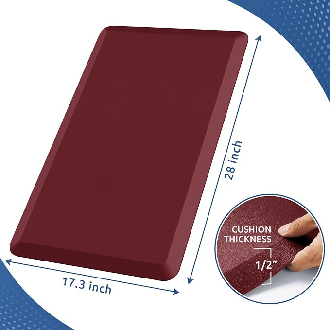 KitchenClouds Kitchen Mat Cushioned Anti Fatigue Rug 17.3"x28" Water Resistant Non Slip Kitchen Standing Desk Mat Comfort Floor Mats for Kitchen House Sink Office (Red)