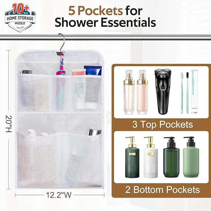 MISSLO Shower Caddy Organizer 5 Pockets Roll up Hanging Bathroom Accessories Storage for Camper, RV, Gym, Cruise, Cabin, College Dorm Shower, Small