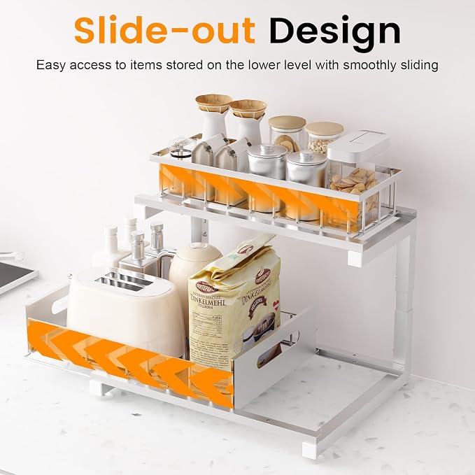 Under Sink Organizer, Heavy Duty Metal Pull Out Cabinet Organizer Slide Out Sink Shelf Organizer Height Adjustable, Multi-Purpose Storage Shelf for Kitchen Bathroom(Sliver,2Pack)