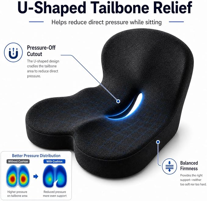 Orthopedic Cushion for Car, Extra Wide Thick Seat Cushion for Long Haul Driving with High Density Support and U-Shaped Tailbone Relief for Truck Drivers and Commuters (Black)