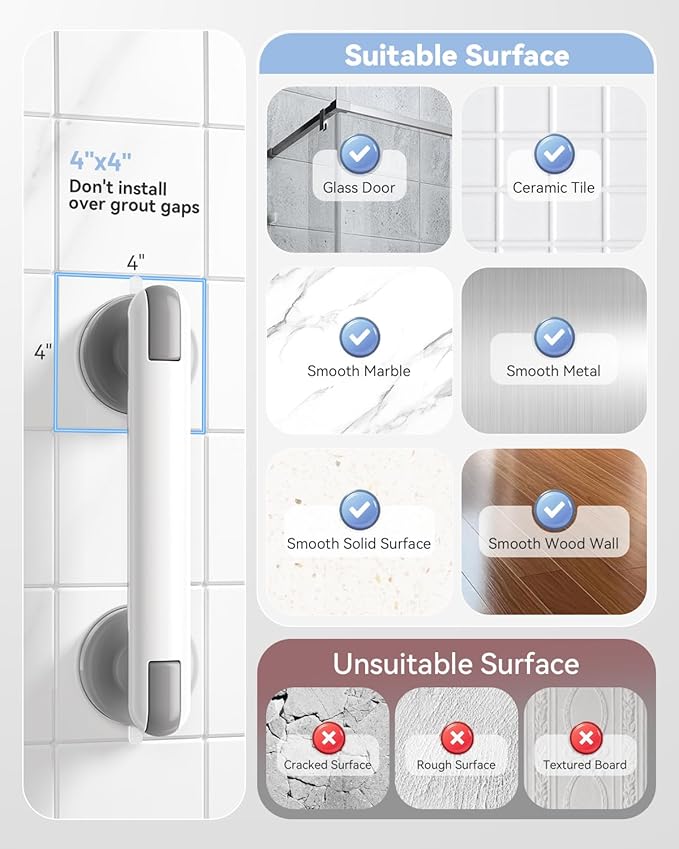 JOTPE Suction Grab Bars for Bathtubs and Showers 2 Pack, Heavy Duty Shower Handle for Seniors, No Drilling Removable Bathroom Safety Bar with Strong Suction for Balance Support, White & Gray