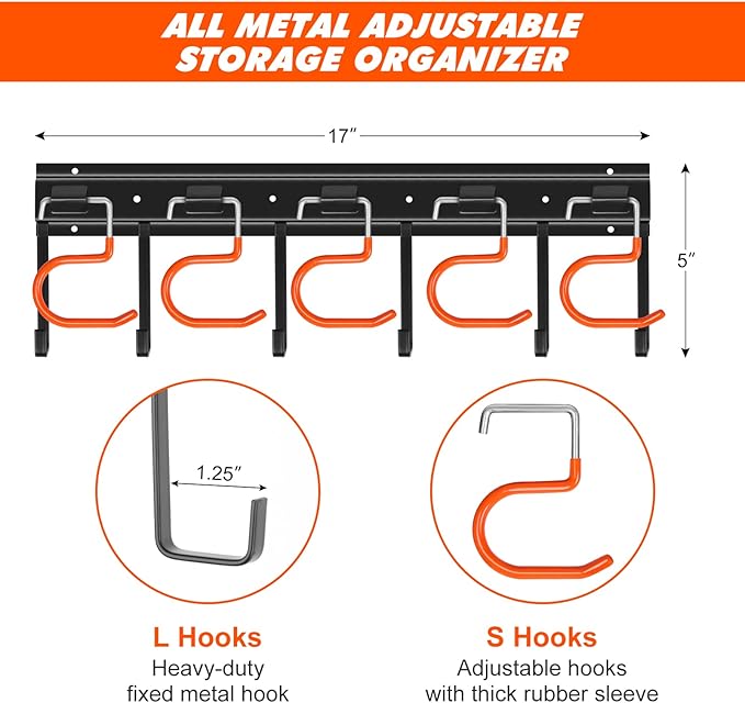 TVKB 17'' All Metal Garden Tool Organizer Adjustable Garage Tool Organizer Wall Mount Garage Organizers and Storage with Heavy Duty Hooks Tool Hangers for Garage Wall, Shed, Garden