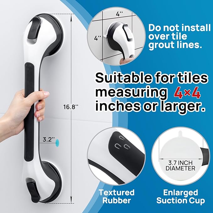 LEVERLOC 2 Pack Grab Bars for Bathtubs and Showers, Easy to Install Suction Shower Handles for Bathroom Removable Handrails for Seniors Elderly Safety Grip Waterproof Drill Free Black
