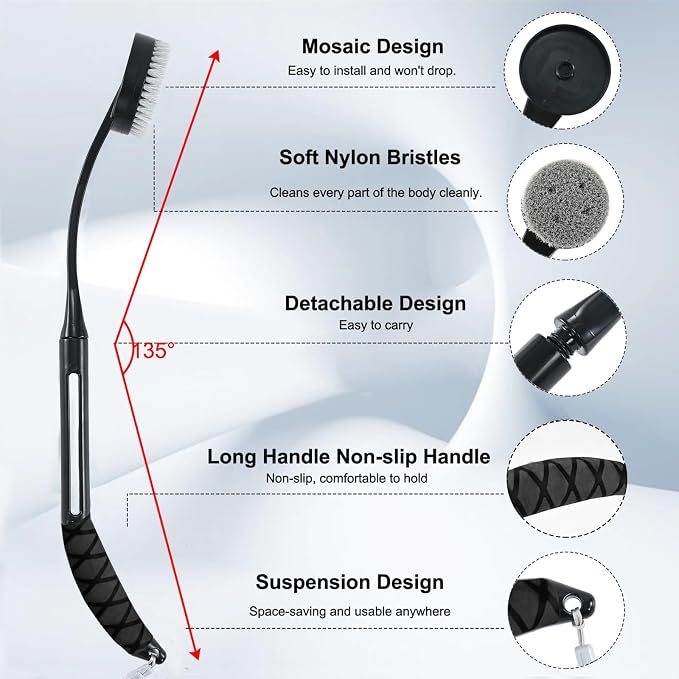 Gobiteli Back Scrubber for Shower,20.5" Long Handle Shower Brush for Body for Deep Clean,Back Brush for Shower for Men Women(Black)