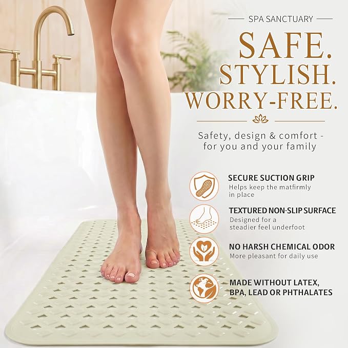 Yimobra Non Slip Bath Mat, Super Strong Suction Cups, 35"X16" Long Tub Mat with Drain Holes, Machine Washable Fast Draining Shower Mats, Bathroom Essentials, Beige