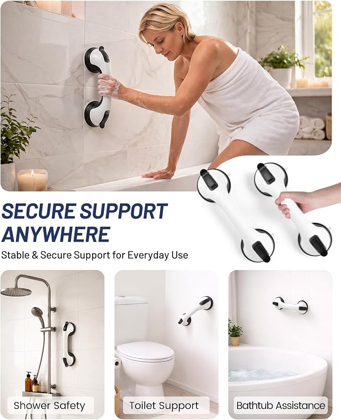 2 Pack Gel-Enhanced Suction Grab Bars for Bathtubs and Showers, Heavy Duty Stable Grip Safety Bars for Seniors and Elderly, No Drill Removable Bathroom Handles for Tub and Shower Support