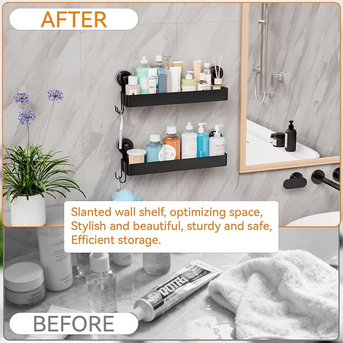 Black 2 Pack Acrylic Shower Caddy Suction Cup,No Rust Bathroom Organizers and Storage Holder,Plastic Wall Mounted Shower Shelves,Bathtub Storage Organizer,Shampoo and Conditioner Holder for Washroom