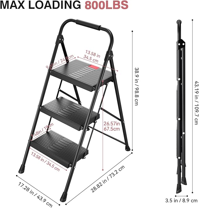 TOOLF 3 Step Ladder, Folding Step Stool with Anti-Slip Wide Pedals & Handrail, Safe-Lock Design, Portable Sturdy Steel Ladder Stool for Home & Kitchen – Black