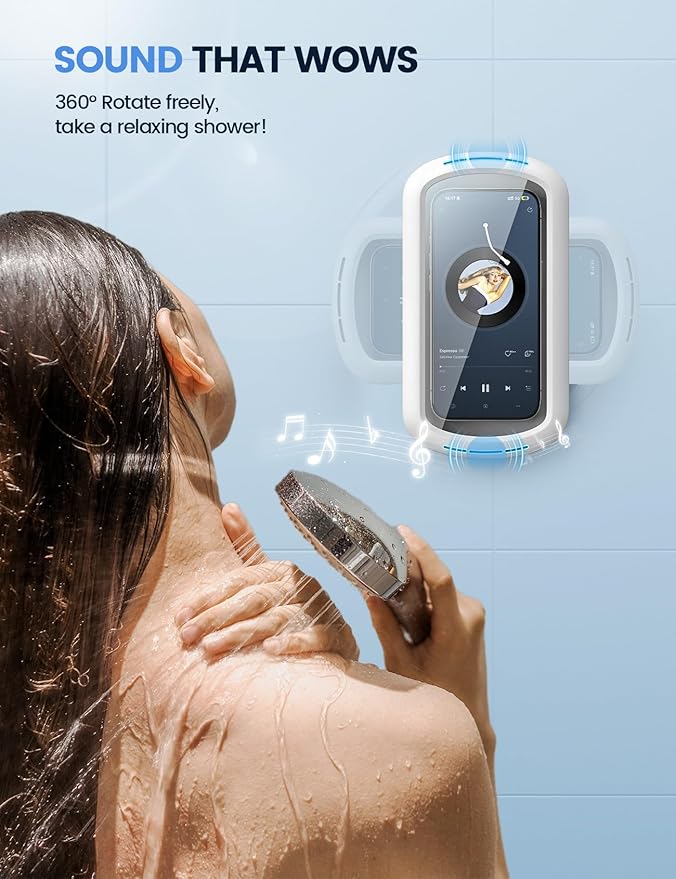 Lamicall Shower Phone Holder with Speaker Holes, IPX6 Waterproof Clear Sound & 480° Rotation Shower Case Accessories, Waterproof Bathroom Wall Mount for iPhone 17 Pro Max, S26 Ultra, 4-7" Phone