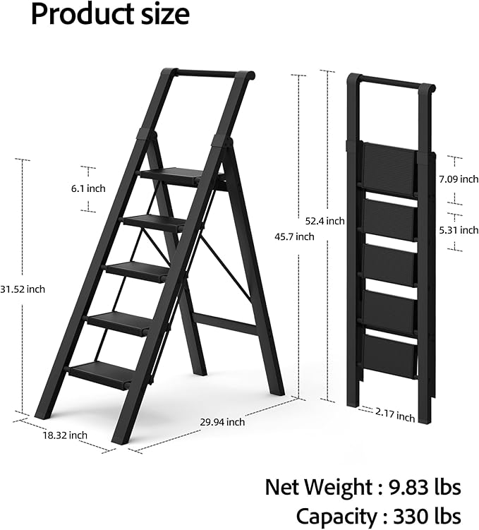 5 Step Ladder, Lightweight Folding Step Stool withConvenient Handgrip,Aluminum 330lbs Capacity Step Ladderfor Office,Household,Kitchen(Black)