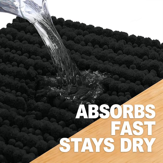 OLANLY Bathroom Rug Mat 30x20, Thick Soft and Absorbent Chenille Bath Mat, Non-Slip Rubber Backing, Machine Washable Quick Dry Bath Rugs for Tub Shower Floor, Home Decor Accessories, Black
