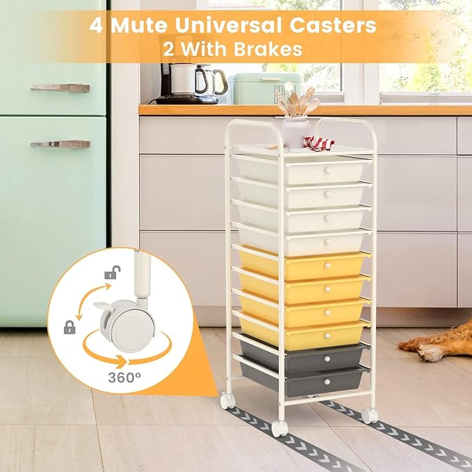 10-Drawer Rolling Storage Cart, Trolley w/Lockable 360° Wheels, 10 Removable PP Drawers, Sturdy Metal Frame, Rolling Utility Cart Perfect for Home, Office, Classroom (Yellow)