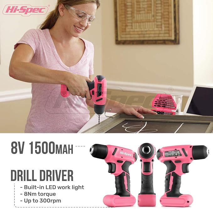 Hi-Spec 58pc Pink 8V USB Electric Power Cordless Drill Driver and Womens Ladies Home DIY Tool Kit Set. Screwdrivers, Drill Bit Set Accessories, Pliers and Hammer In a Toolbox Case