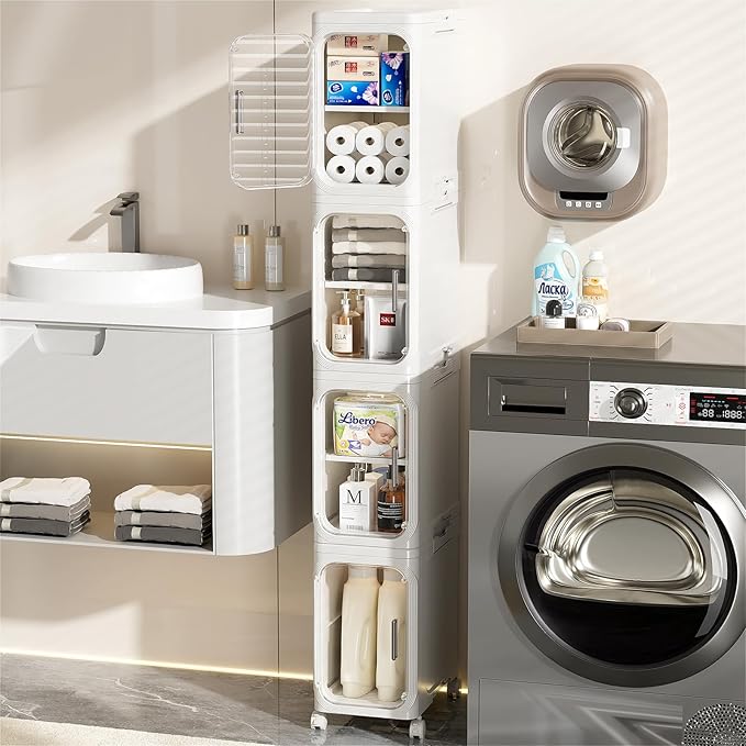JOYZAN Narrow Bathroom Storage Cabinet with Movable Wheels, Slim Storage Cabinet with 4 Doors & Removable Panel, Skinny Bathroom Organizers and Storage for Small Space, Corner, Kitchen, Laundry