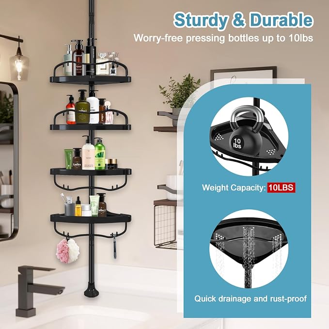 Corner Shower Caddy Tension Pole, Rustproof Bathtub Storage Organizer with 4 Adjustable Shelves, Bathroom Shower Rack Shampoo Holders for Inside Shower, 40"-120" Floor to Ceiling Shower Caddy Black