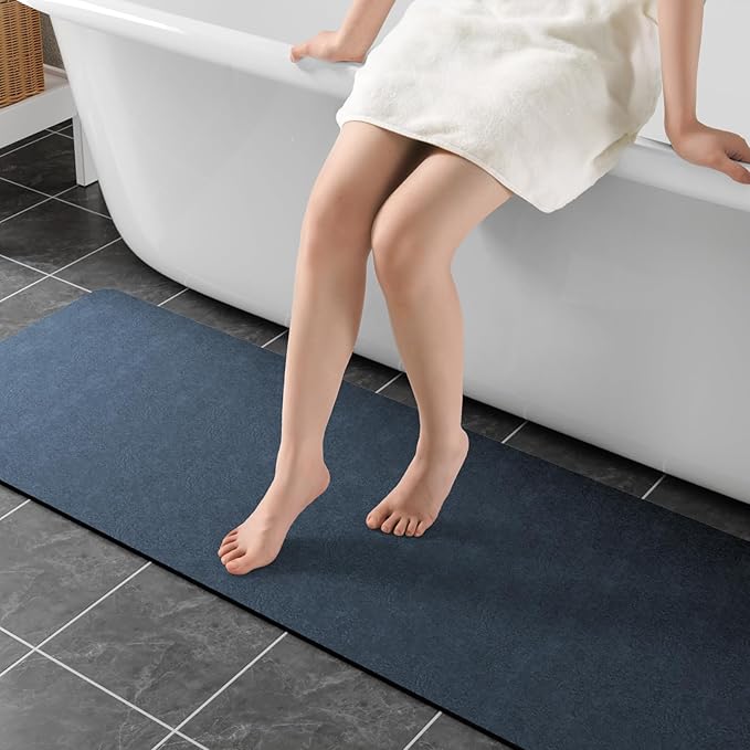 Navy Blue Long Bathroom Mat Rugs 59x17 Long Diatomaceous Earth Bath Mat Large Quick Dry Bath Mat Non Slip Rubber Backed Super Absorbent Shower Mat, Thin Bathroom Runner Rugs Floor Mat Fit Under Door