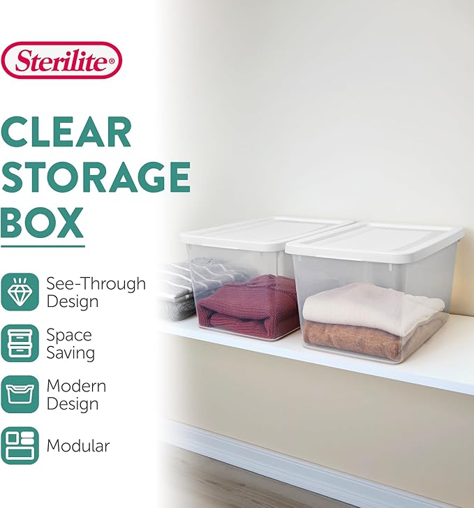 Sterilite 6-Pack Clear Storage Box, Stackable Container Bins with Lids, 20 Qt, White – Plastic Containers for Home, Closet, Bathroom, Classroom, and Office Organization