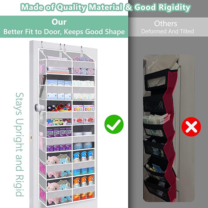UVIAHOMI Heavy Duty Over The Door Organizer 6 Tiers, Extra Large Behind Door Storage of 12 Front & 12 Mesh Pockets, 80lb Weight Capacity, Hanging Doors Storage for Closet Bedroom Nursery, Light Gray