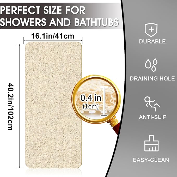 Shower Mat Non Slip 40.2 x16.1 Inch, Loofah Shower Mat Anti Slip Tub Mat Without Suction Cups, Shower Floor Mat for Wet Area, Quick Drying, Beige