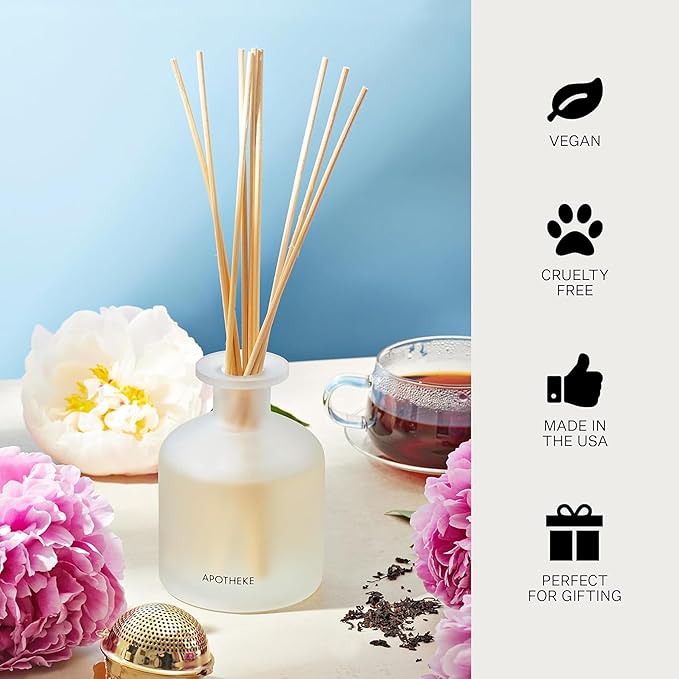 Apotheke Luxury Scented Reed Diffuser for Home, Sea Salt Grapefruit - 6.7 Fl Oz Essential Oil Aromatherapy - 10 Rattan Scent Sticks Room Diffuser - Long-Lasting Fragrance for Bedroom, Home, Bathroom