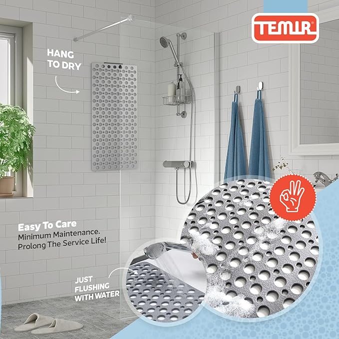 TEMIR Non Slip Bathtub Mat for Shower — Anti Skid Safety Mat with Strong Suction Cups, Quick Drain Holes, Machine Washable, Soft Bathroom Mat for Elderly & Kids, 30x17 in (75x43 cm) Gray