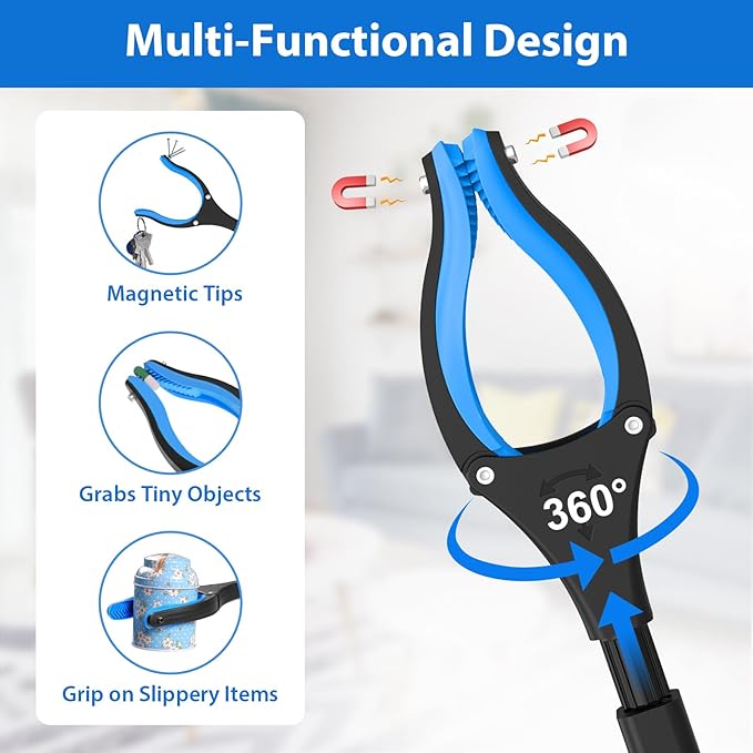 43" Long Grabber Reacher Tool, Foldable Grabber for Seniors with Magnetic Tip, 360° Rotating Anti-Slip Claw, Extension Reacher Pickup Tool Long Arm Trash Picker for Elderly Recovery