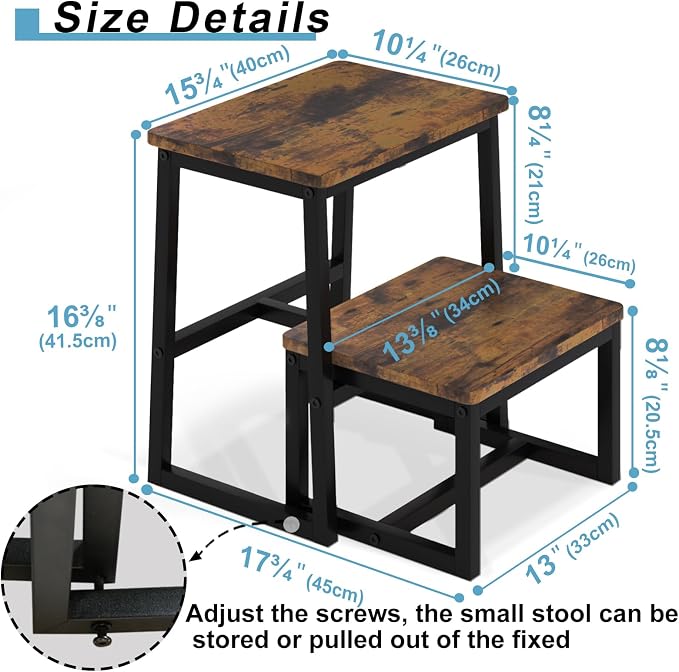 Step Stool for Adults, Hold up to 500Lb, 3 in1 Heavy Duty Sturdy Wooden 2 Step Stool for Kichen/Bathroom/High beds, Metal Frame, Non-Slip Pads