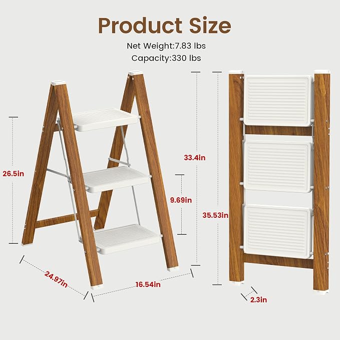 HBTower Step Ladder,Lightweight Aluminum Folding Step Stool with Anti-Slip Wide Pedal,330lbs Capacity Step Ladder for Household,Kitchen,Office - WhiteWoodgrain
