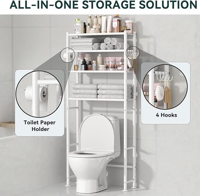 GloTika 4-Tier Over The Toilet Storage, 200lb Total Capacity Metal Bathroom Organizer with 36" Clearance, Includes Paper Holder & 4 Hooks, Space Saving Rack for Bathroom Laundry Room (64" H, White)