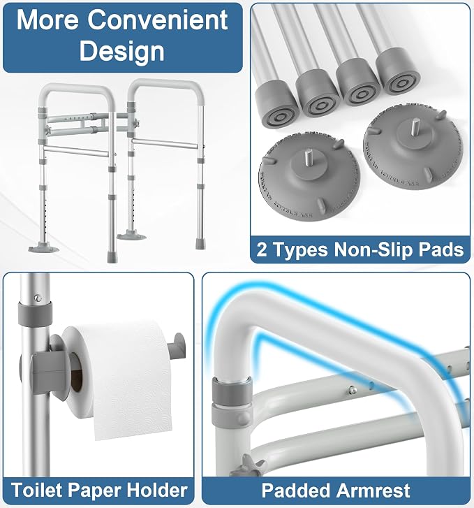 Toilet Safety Rails for Seniors (350 LBS), Adjustable Toilet Safety Frame for Elderly and Disabled, Foldable Handicap Toilet Assistance Rail Fits Most Toilets, White