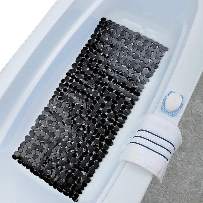 SONGZIMING Bathtub Mat Non Slip 2 Pack, 35 x 16 Inches Pebble Shower Mat with Suction Cups and Drain Holes, Bath Mat for Shower,Bathroom tub (Black)