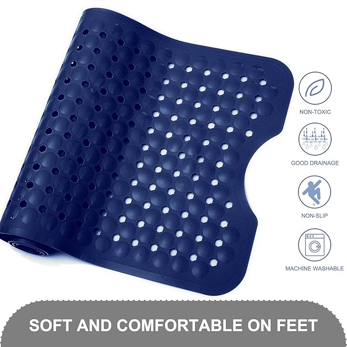 TEESHLY Bath Tub and Shower Mats, Non Slip 40 x 16 Inch Extra Large Bathtub Mat, Machine Washable Bathmat with Drain Holes, Suction Cups for Bathroom Floor, Navy Blue