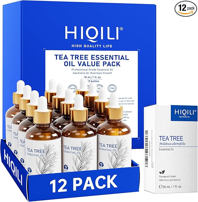 HIQILI Tea Tree Oil Set - 1 fl oz (12 Pack), 100% Pure Natural with Stable Quality, Bulk Pack for Business Purchase, Ideal for Nail Care, Hair Care, Skin Care, Diffuser, DIY, Holiday Gift & Home Use