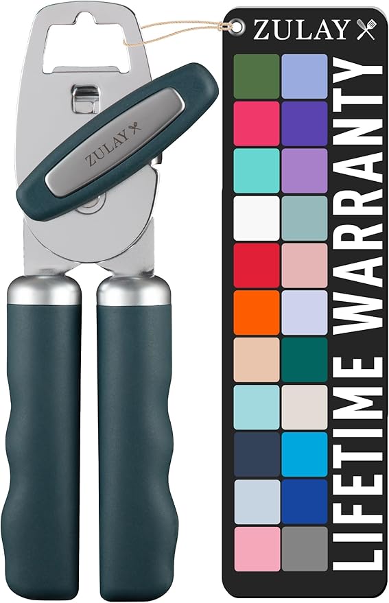 Zulay Kitchen Heavy Duty Stainless Steel Can Opener Manual with Bottle Opener - Rust Proof Manual Can Opener With Turn Knob & Comfy Soft Grip Handles - Green
