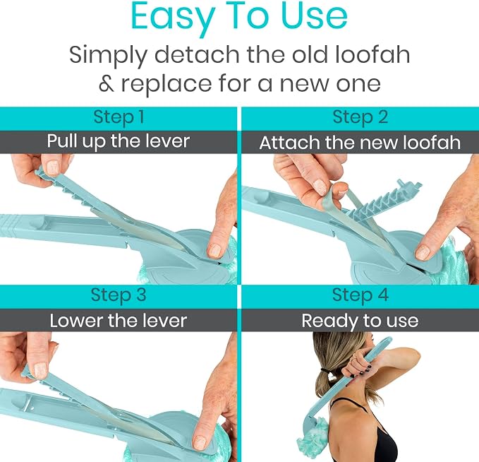 Vive Long Handled Loofah on a Stick - Mesh Back Sponge for Bath, Reusable w/Extra Pouf - Exfoliating Scrubber for Elderly & Disabled, Soft Loofa for Bathing Men & Women
