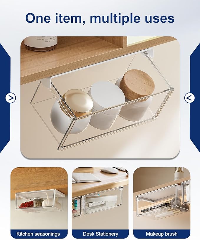 Hanging Cabinet Organizer – 33° Tilted Under Desk Drawer & Bathroom Storage – Self-Adhesive Clear Pull-Out Bins for Kitchen, Office & Vanity (Large)