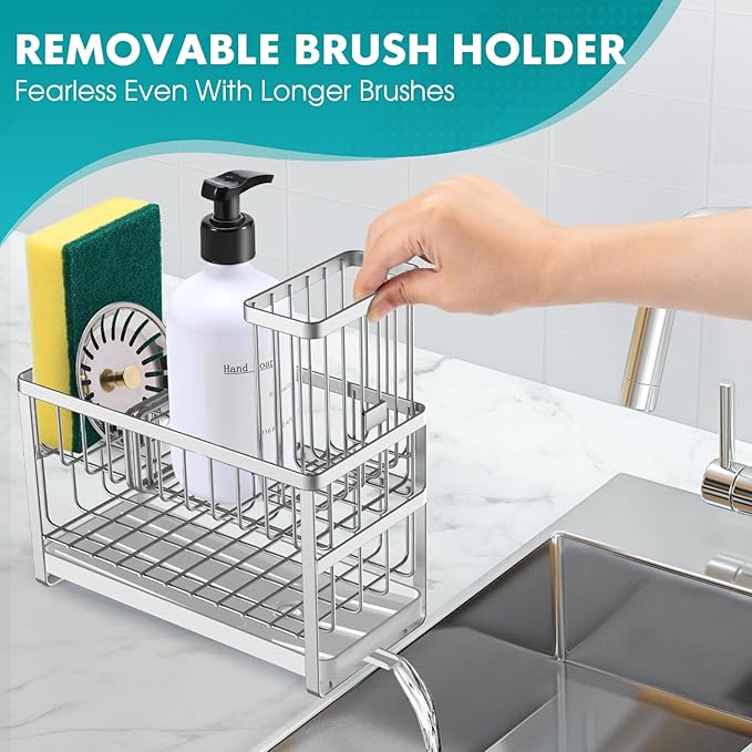 Sinnsally Kitchen Sponge Holder,Sink Caddy Organizer with High Brush Holder,Stainless Steel Sink Box Dish Scrubber Holder,Soap Tray for Kitchen Counter Accessories & Storage Rack (2 Tier - Silver)
