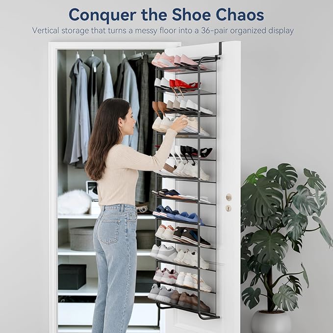 Whitmor 36 Pair Over The Door Shoe Organizer, 12 Tier Hanging Shoe Organizer, Heavy Duty Metal & Mesh Shoe Holder, Hanging Shoe Rack for Closet Organizer, 74" L x 21.7" W x 7.5" H, Matt Gunmetal