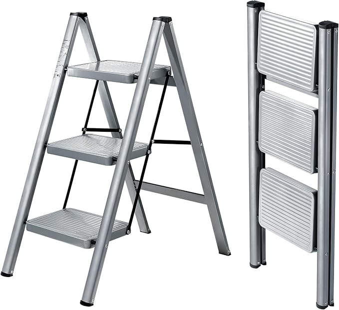 XinSunho 3 Step Ladder, Folding Step Stool with Anti-Slip Wide Pedal, Portable Sturdy Steel Ladder 3 Steps, 330lbs Safety Kitchen & Household Ladder