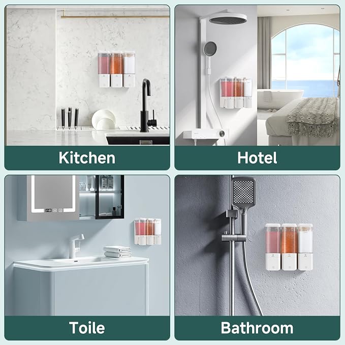 Shampoo and Conditioner Dispenser 3 Chamber No Drill Shampoo Dispenser for Shower Wall Mounted Shower Soap Dispenser 3 * 500ml Refillable Shower Dispenser for Bathroom Hotel(White 3 Chamber)